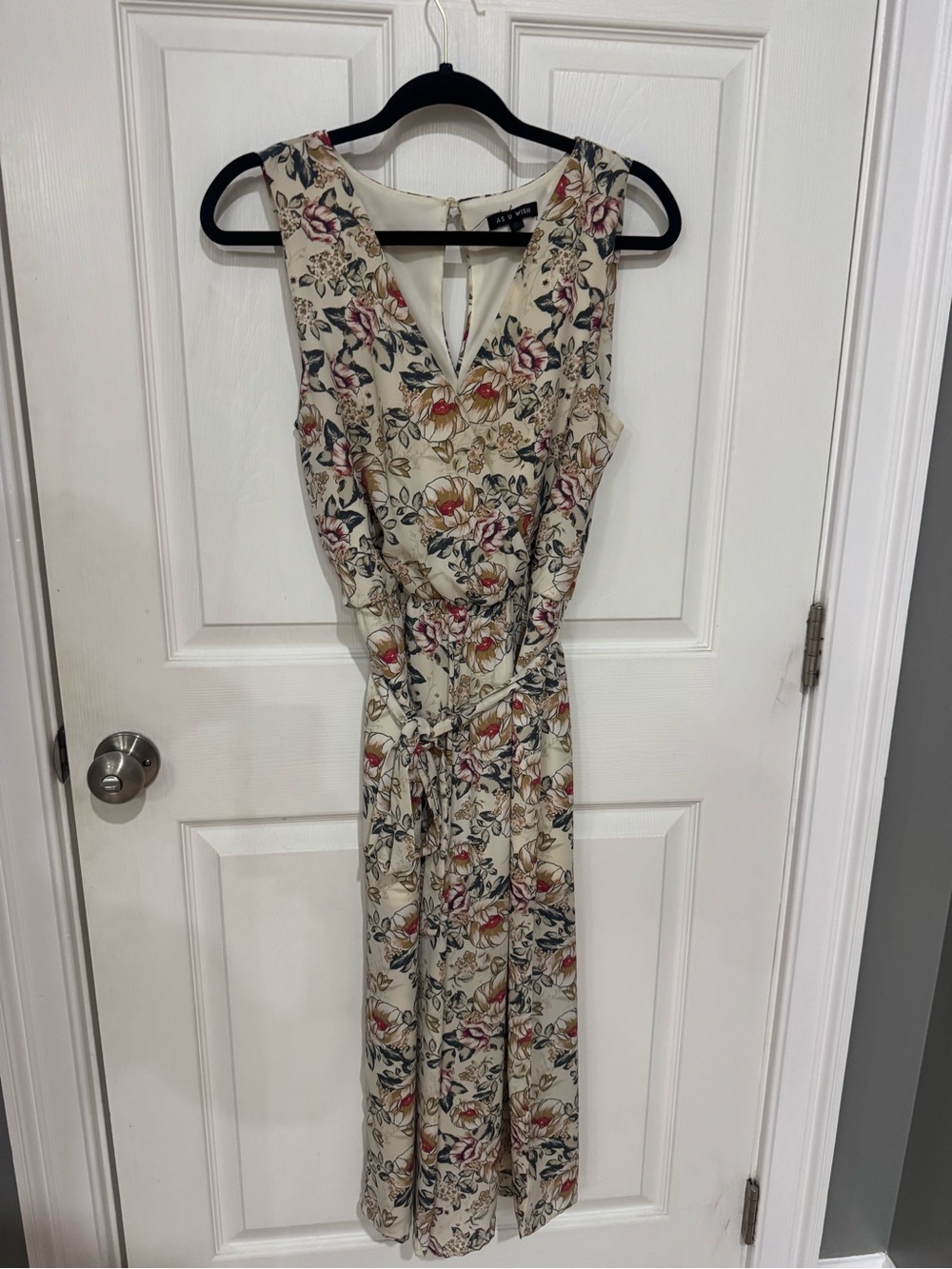 As U Wish Cream Floral Midi Dress with Tie Waist